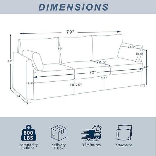 79 inch Sofa for Living Room,Mid Century Modern Couch with Big Pockets, Corduroy Couch with Three Cushions and Solid Wood Frame for Apartment and Small Spaces (Grey, Sofa)