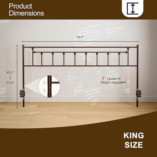 Metal King Size Headboard, Victorian Farmhouse Style Headboard, Easy Assembly, Steel King Headboard Only for Bedroom - Brown