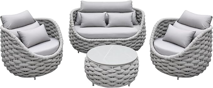 Woven Rope Patio Sofa Furniture Set of 4: Aluminum All Weather Outdoor Conversation Set, Couch Armchair and Loveseat Set with Table Cushions for Deck Porch Poolside Garden Backyard Hotel - Gray