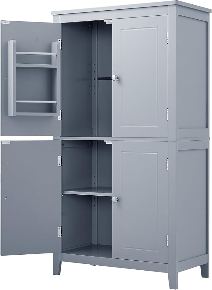 Tall Storage Cabinet, Bathroom Floor Freestanding Storage Cabinet with 2 Double-Door and Adjustable Shelves for Bathroom, Office, Living Room, Grey