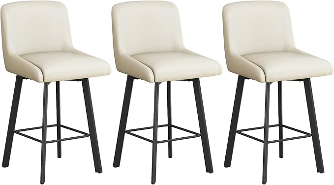 Swivel Bar Stools, 26''H Upholstered Barstools with Backs, Modern Counter Height Bar Stool Chairs for Kitchen Island, Metal Legs (Beige- Faux Leather, Set of 3-26" H)
