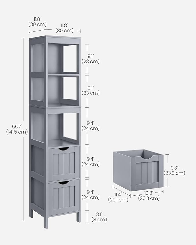 VASAGLE Bathroom Floor Cabinet, Bathroom Storage Organizer Rack Stand, Multifunctional Corner Unit, 2 Drawers, 55.7 Inches in Height, Dove Grey UBBC066G02