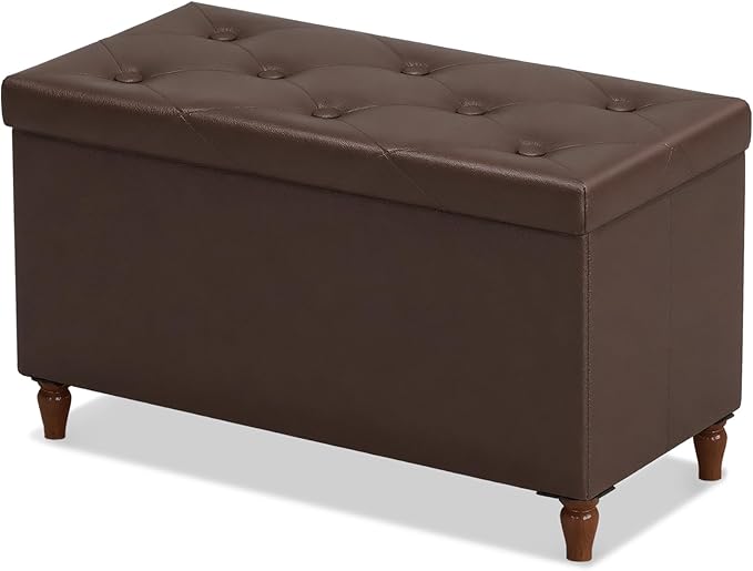 GLAXYFUR 30 Inches Storage Ottoman Bench with Wooden Legs, Faux Leather Folding Ottoman Foot Rest, Storage Bench for Living Room, Hallway & Bedroom, Brown