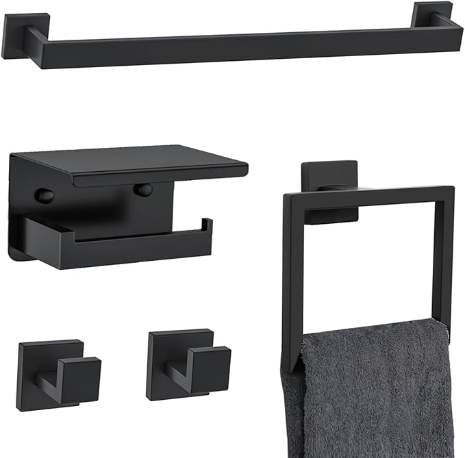 5 Pieces Black Towel Bar Set Bathroom Hardware Accessories Set Upgraded Toilet Paper Holder with Shelf Towel Holder Set for Bathroom Stainless Steel Wall Mounted