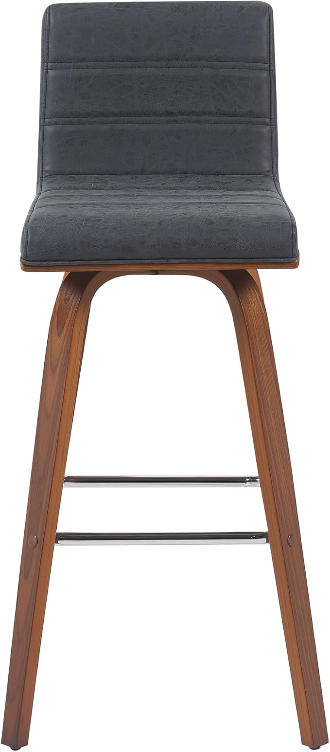 Armen Living Vienna Modern Swivel 30" Bar Height Barstool with Vintage Black Faux Leather and Walnut Wood Finish