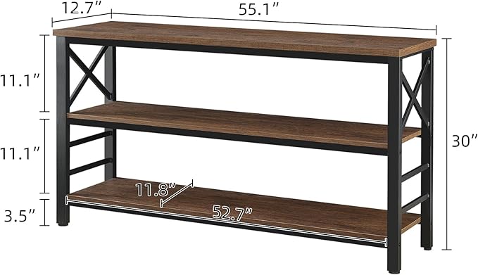 HOMBAZAAR Sofa Table,Industrial Console Table with Storage,Entryway Table with Engineered Wood and Metal,Rustic 3 Tier Shelf for Living Room,Hallway,Brown,55 Inch