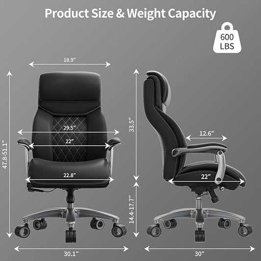 Big and Tall Office Chair with Wide Area Armrest, 600lbs Heavy Duty Desk Chair with Adjustable Lumbar Support, PU Leather High Back Ergonomic Executive Computer Chair with 3'' Silent Casters