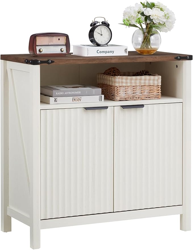 Buffet Cabinet with Storage - Modern Farmhouse Rustic 32 Fluted Sideboard Storage Cabinet Buffet with Adjustable Shelves, Coffee Wine Bar Organizer for Dining Room (Antique White)