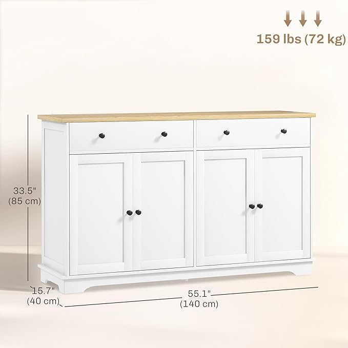 HOMCOM Sideboard Buffet Cabinet with Storage, 55" Modern Kitchen Cabinet with 4 Doors, 2 Drawers and 2 Adjustable Shelves, Coffee Bar, White