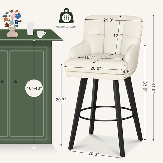 360°Swivel Counter Height Bar Stools with Back, 30 inch Solid Wood Legs, Bar Stool Modern Kitchen Island Chairs, Faux Leather (Beige- Faux Leather, 30" H- Set of 3)