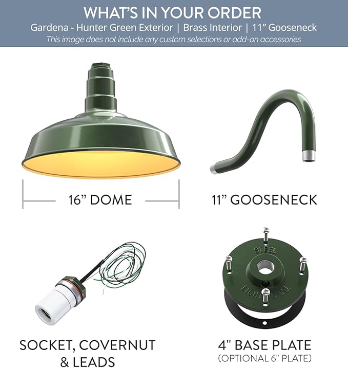 Steel Lighting Co. Gardena Barn Light | Outdoor Wall Mounted | 16" Dome | 11" Gooseneck | Farmhouse Light Made in America | Hunter Green Exterior/Brass Interior