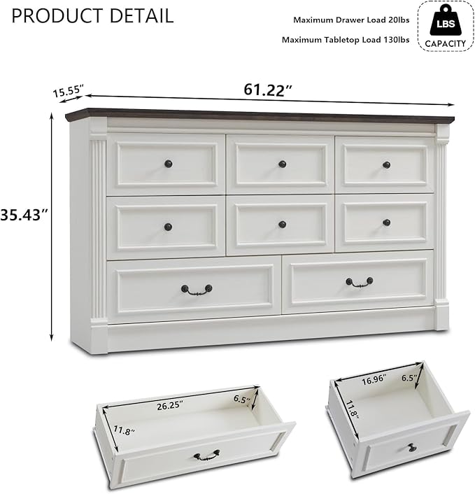 Farmhouse 8 Drawers Dresser for Bedroom, 61" Wide Large Dressers & Chests of Drawers w/Roman Column, Storage Dressers Organizer for Bedroom, Hallway, Living Room, White