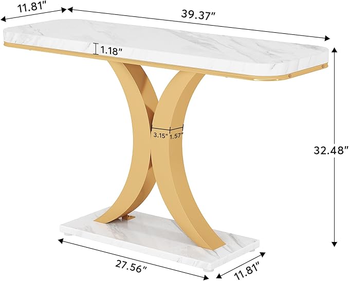 Tribesigns Modern Gold Console Table, 40 inch Narrow Entryway Foyer Table with Geometric Base, Rustic Hallway Accent Table for Living Room, Entrance, White and Gold