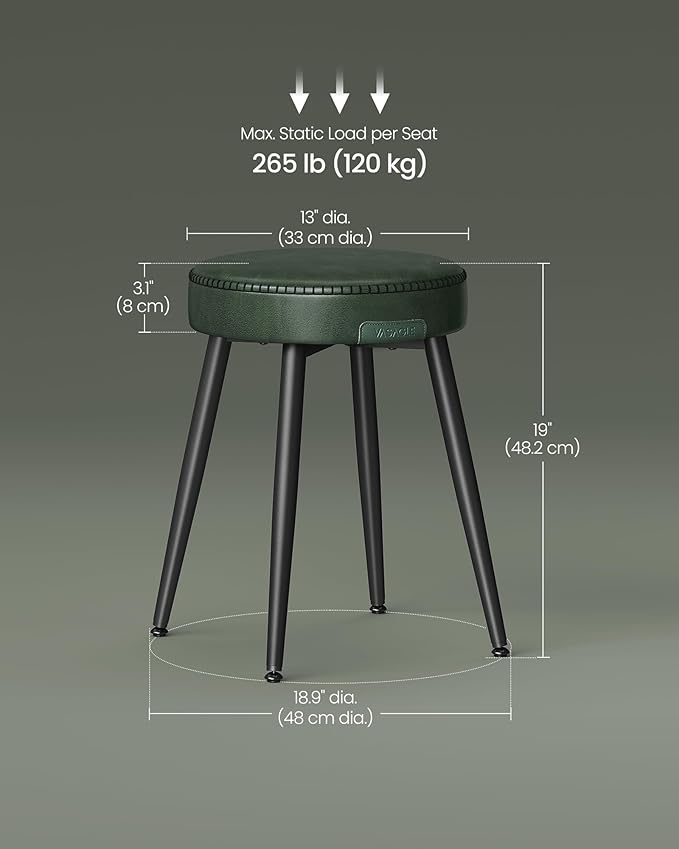 VASAGLE EKHO Collection - Dining Chairs Stools Set of 4, Upholstered Kitchen Chairs, Vanity Stools, Synthetic Leather with Stitching, Mid-Century Modern, 19-Inch Tall, Easy Assembly, Forest Green