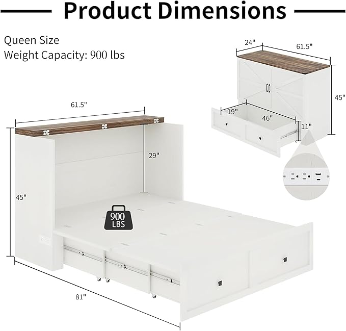 Murphy Bed with Charging Station, Queen Size Cabinet Bed with Large Storage Drawer for Home Office or Small Room, Hideaway Full Foldable Platform Bed, White