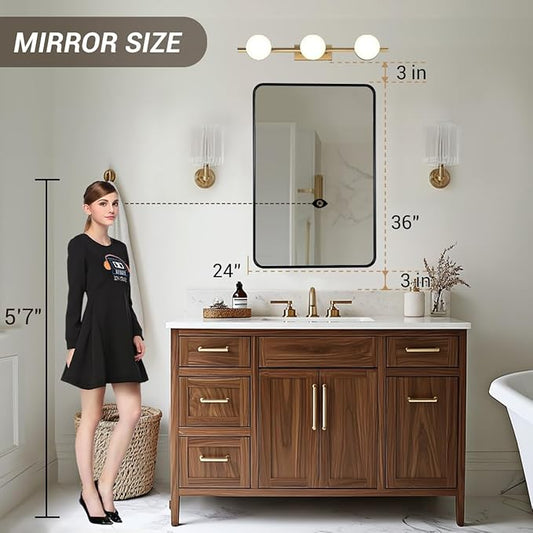 ANDY STAR Black Bathroom Mirror for Wall, 24x36 Inch Rounded Rectangle Mirror for Bathroom, Modern Tube Metal Framed Rectangular Mirror for Vanity, Explosion-Proof Film, Vertically/Horizontally