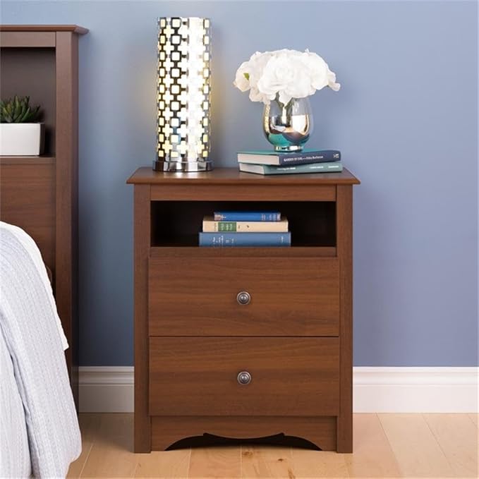 Prepac Sonoma 2 Drawer Nightstand: Elegant Bedroom Furniture, Bedside Table with Open Shelf, 23.25"W x 16"D x 28"H, Cherry