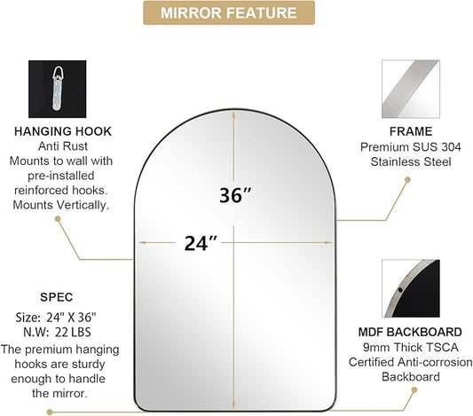 ANDY STAR Arched Mirror, 24 x 36 Inch Brushed Nickel Bathroom Mirror with Stainless Steel Metal Frame, Arch Top Rounded Corner 1 Inch Deep Set Design Wall Mount Hangs Vertical