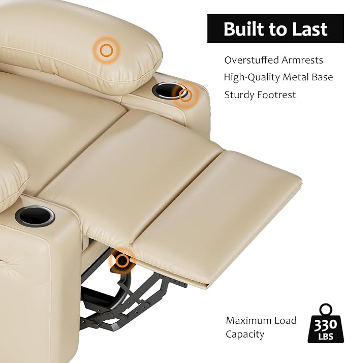 27" Oversized Power Recliner Chair, Faux Leather Rocking Chair with Heat & Massage, 360° Swivel Modern Electric Recliner with Cup Holder & USB Charging for Living Room, Bedroom, Nursery - Beige