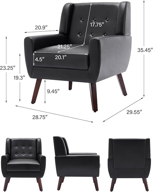Accent Chair, Mid-Century Modern PU Leather Chairs with Arms for Living Room, Comfy Upholstered Club Single Sofa Armchair for Bedroom Waiting Room with Solid Wood Frame(Leather Black, Set of 1)