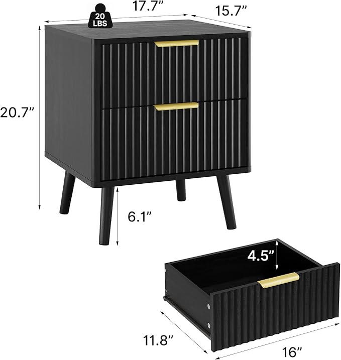 LYNSOM Fluted Dresser and Nightstand Set, 3 Pieces Bedroom Set, 55 Inch Wide 7-Drawer Dresser & 2-Drawer Nightstands Set of 2, Modern Dressers Set for Bedroom, Hallway, Black