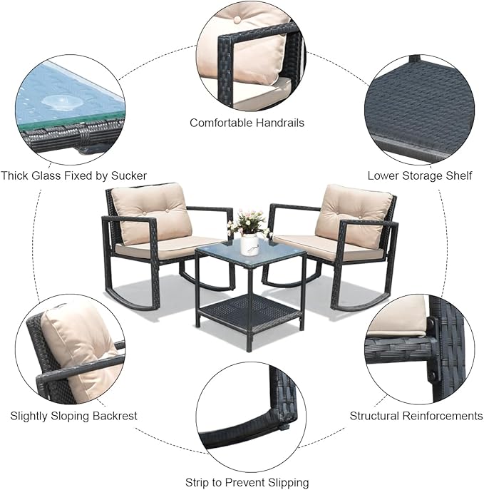 COSTWAY 3 Pieces Patio Rattan Rocking Chair Set, Outdoor Conversation Furniture Sets with Coffee Table, Storage Shelf and Cushions, Modern Bistro Set for Porch, Backyard, Garden, Beige