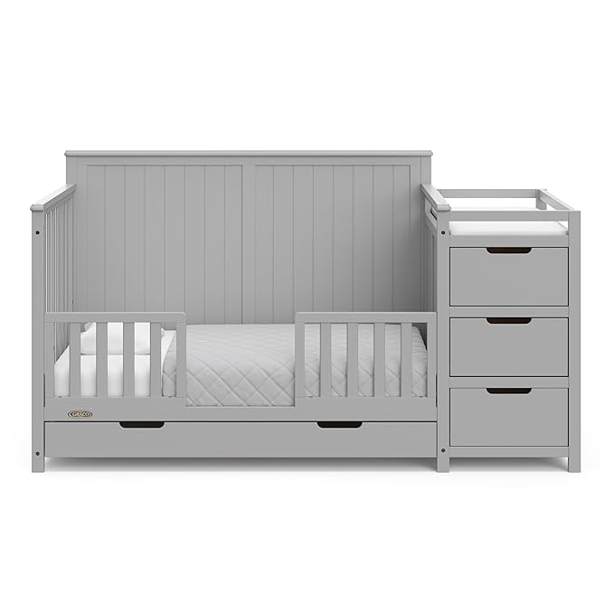 Graco Hadley 5-in-1 Convertible Crib & Changer (Pebble Gray) – GREENGUARD Gold Certified, Fits Standard Crib Mattress, Converts to Toddler Bed and Full Bed, 4 Adjustable Mattress Heights