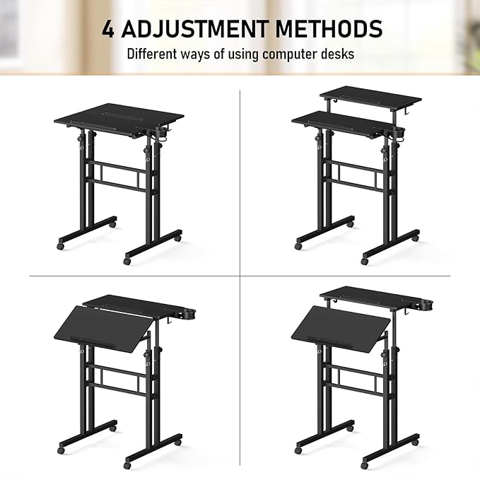 Small Standing Desk with Wheels, Tall Mobile Stand Up Table, Portable Standing Desk for Walking Pad, Rolling Table Adjustable Height, Rolling Computer Table for Tall Person