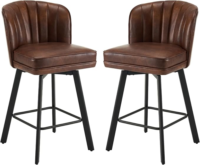 Swivel Counter Height Bar Stools Set of 2, 26'' Modern Barstools with Backs and Metal Legs, Upholstered Bar Chairs, Faux Leather Brown Stools for Kitchen Island Chairs