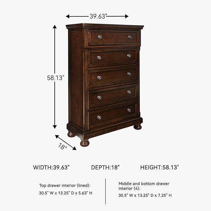 Signature Design by Ashley Porter Traditional 5 Drawer Chest of Drawers, Dark Brown