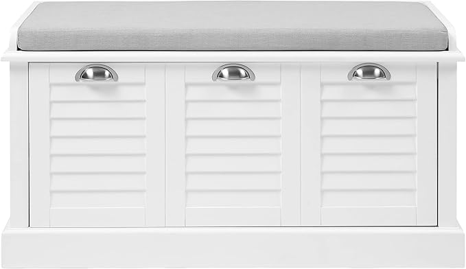 Crosley Furniture Ellison Entryway Storage Bench with Shoe Rack Organizer Drawer, White with Gray Cushion