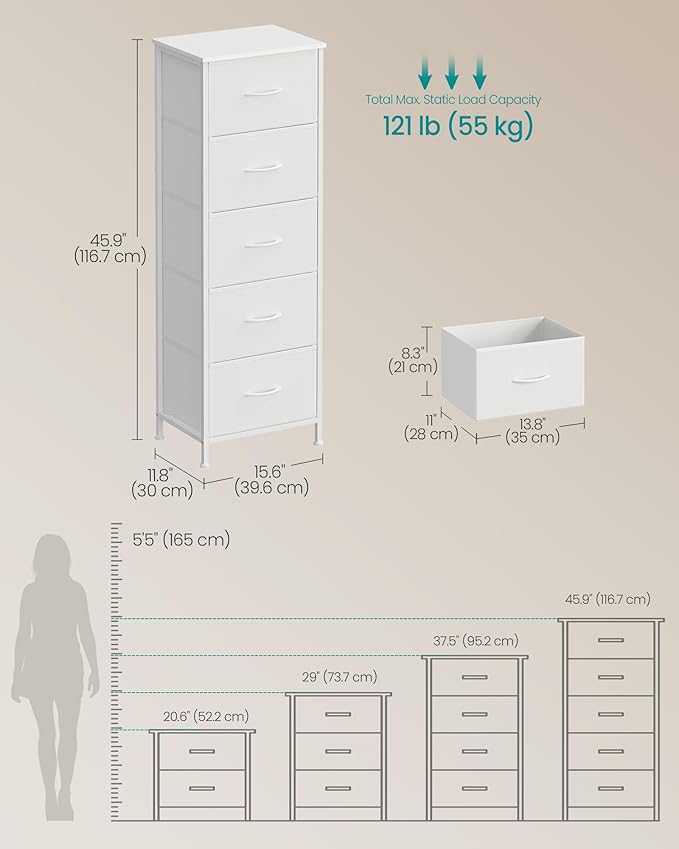 SONGMICS Dresser for Bedroom, Chest of Drawers, Steel, MDF, 5 Non-Woven Fabric Drawers, Storage Organizer Unit, Closet, Entryway, Cloud White and Snow White ULGS315W01S