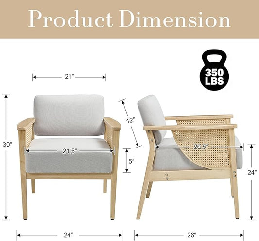 Mid Century Modern Accent Chair, Rattan Armchair with Wood Legs Living Room Chair Linen Upholstered Lounge Chair for Bedroom Reading Room, Grey