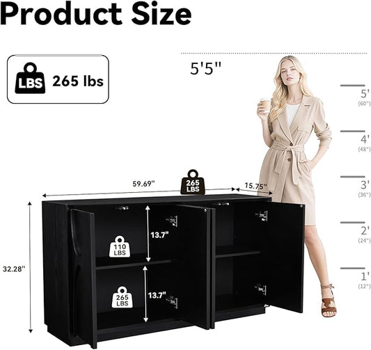 LKTART 59" Sideboard Buffet Cabinet Retro Accent Storage Cabinet with Magnetic Door Latches Adjustable Shelf for Living Room Kitchen(Black)