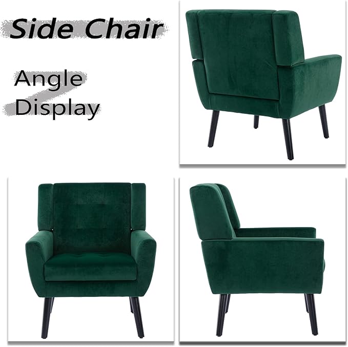 Dolonm Midcentury Modern Velvet Accent Chair with Arms, Upholstered Reading Side Chair Tufted Back Decorative Wingback Chair for Living Room Bedroom (Retro Green)