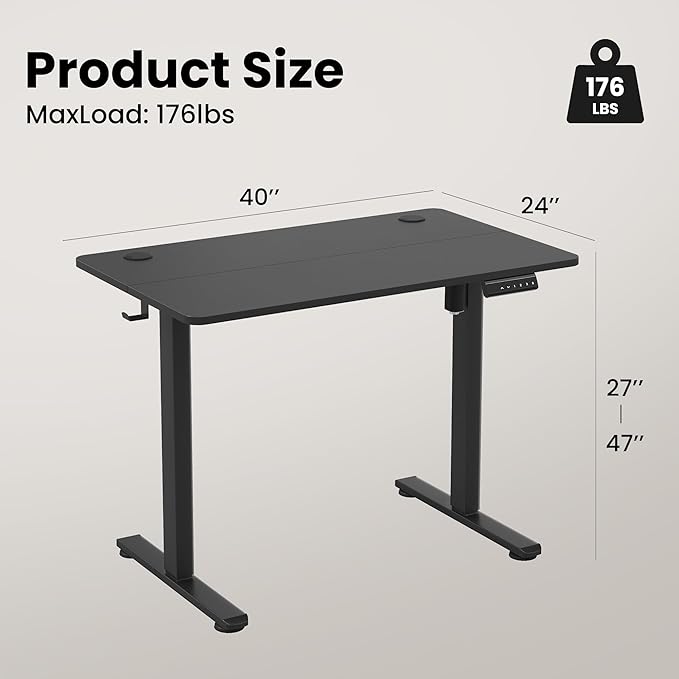 Casaphoria 40 x 24 inches Electric Standing Desk, Sit to Stand Desk with Memory Height Adjustment, Home Office Computer Desk for Writing and Games, Black