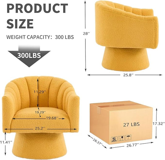 Swivel Accent Chair,Upholstered Teddy 360° Swivel Barrel Chair for Living Room Overstuffed Bouncle Reading Chair Round Armchair for Bedroom,Vanity,Office-Mustard
