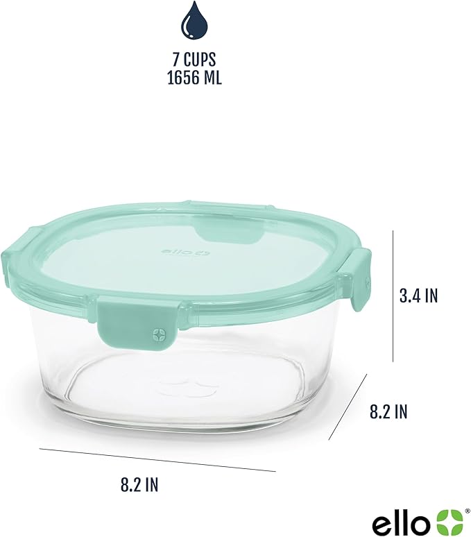 Ello Color Lock 7 Cup 4PC, 2 Pack Glass Meal Prep Sets Leak-Proof Glass Food Storage Containers with Airtight BPA-Free Plastic Lids, Dishwasher, Microwave, and Freezer Safe, Purple Rain