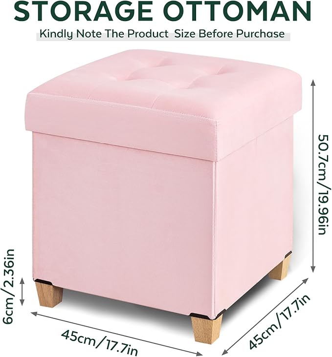 17.7" Ottoman with Storage, Square Storage Ottoman for Dorm, Velvet Ottomans with Legs for Living Room, Bedroom, Pink