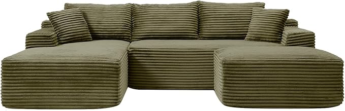 108 Inch Cloud Sectional Couch,Modern Modular Sectional Sofa with Deep Seat,Corduroy Boneless Couches with L-Shape Chaise for Living Room,No Assembly Required (Green, Left Facing Chaise + Ottoman)