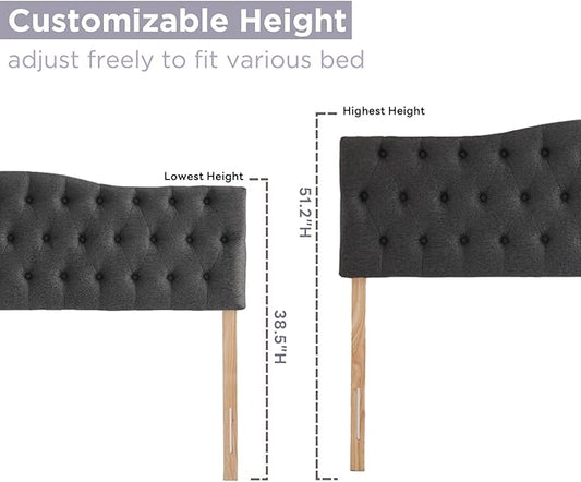 Upholstered Full Headboard, Button Diamond Tufted Headboard with Adjustable Height and Solid Wood Leg, Velvet Padded Headboards for Full Size Bed, Modern Head Board, Dark Grey