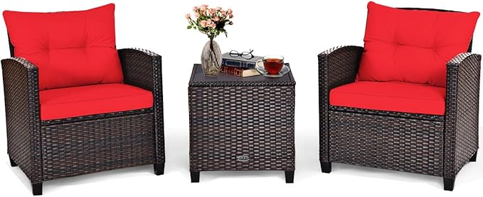 Tangkula 3 Pieces Patio Furniture Set, PE Rattan Wicker 3 Pcs Outdoor Sofa Set w/Washable Cushion and Tempered Glass Tabletop, Conversation Furniture for Garden Poolside Balcony (Red)