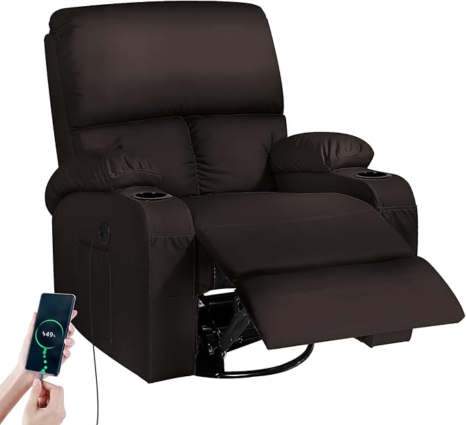 Rocking Recliner Chair, Massage Rocker Recliner Chair with Vibration Massage and Heat, USB and Type-C Ports,360° Swivel Faux Leather Chairs, Living Room, Bedroom, Nursery, RV, Brown