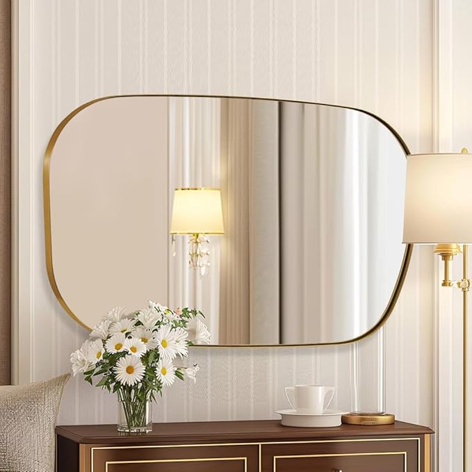 ANDY STAR 30"x48" Gold Wall Mirror,Brushed Brass Irregular Bathroom Mirror with Stainless Steel Metal Frame, Large Asymmetrical Mirror for Bathroom, Entryway (Horizontal/Vertical)