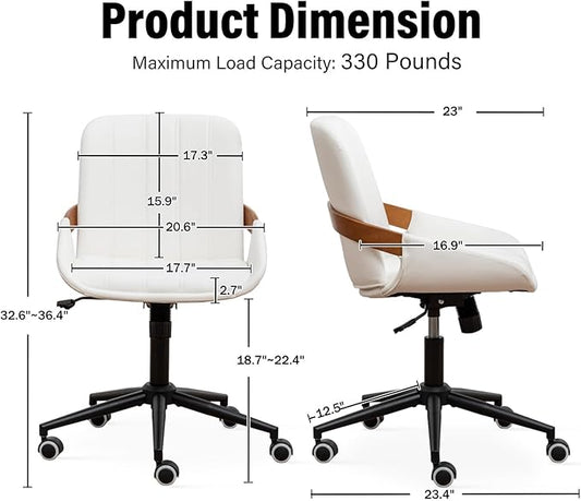Small Home Office Chair No Arms,PU Leather Desk Chair with Wheels,Adjustable Height Work Chair,360° Swivel Computer Desk Chair for Office, Reading and Study (Beige)