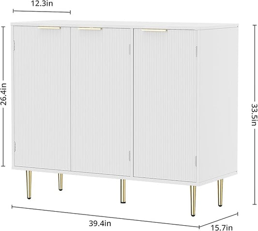 Fluted Sideboard Buffet with 3 Doors, Modern Accent Cabinet with Adjustable Shelves, Kitchen Storage Cabinet with Golden Handles, Coffee Bar for Kitchen, Living Room, White