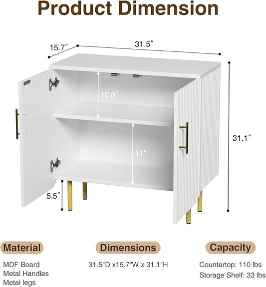 Set of 2 Fluted White Storage Cabinets, Modern 2-Door Sideboard Buffet Cabinet with Adjustable Shelves and Metal Legs, Accent Cabinet for Kitchen, Living Room, Entryway (White & Gold)