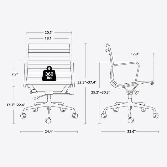 Mid Back Genuine Leather Ribbed Office Chair-Ergonomic Desk Chair with Aluminum Alloy Armrest & Frame, Swivel Silent Wheels & Tilt Function, Adjustable Height