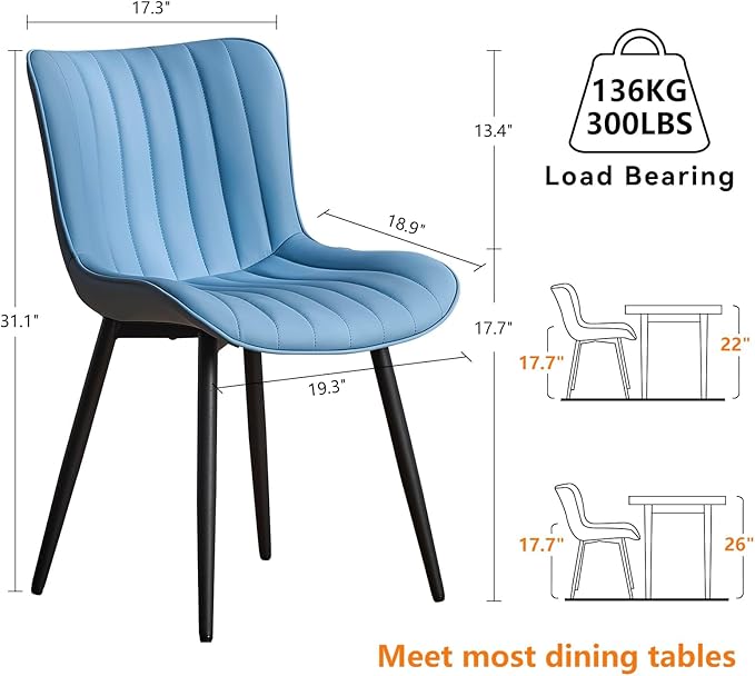 YOUNUOKE Mid-Century Modern Dining Chairs Set of 2, Blue PU Leather Upholstered Kitchen Chairs with Black Metal Legs, Armless Accent Chair for Dining Room, Guest Reception Room
