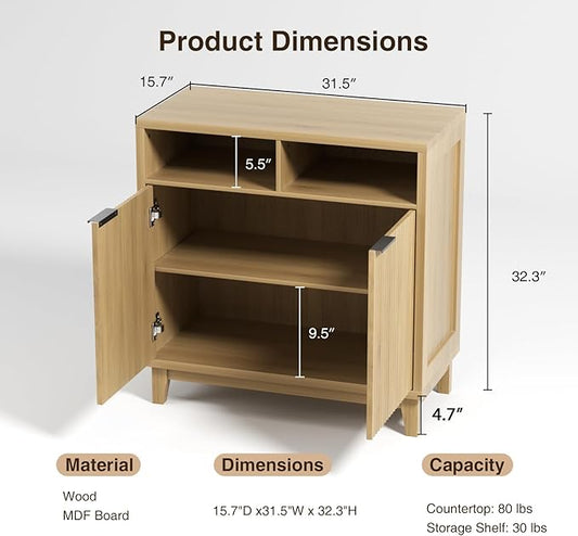 Buffet Cabinet with Storage - Elegant Fluted Storage Cabinet with Adjustable Shelves and Solid Wood Leg, Modern Buffet Sideboard for Living Room, Dining Room, Entryway